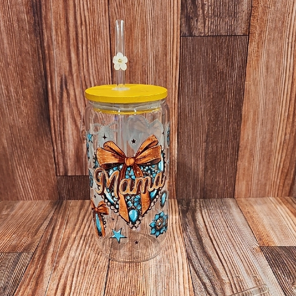 Hand Crafted Other - Mama Turquoise Floral Tumbler with Glass Straw.